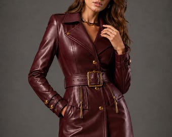 Burgundy Leather Trench Coat, Tailored Belted Outerwear, Custom Fit