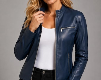 Women's Navy Blue Leather Cafe Racer Jacket, Fitted and Handmade with Free Custom Sizing