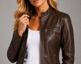 Handmade Brown Leather Moto Jacket, Slim Fit Cafe Racer Style