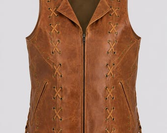 Brown Leather Biker Vest, Lace-Up Western Motorcycle Waistcoat