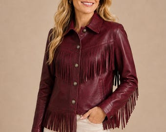 Burgundy Fringe Leather Jacket, Western Cowgirl Style, Genuine Leather, Handmade to Order
