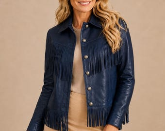 Navy Blue Fringe Leather Jacket, Western Cowgirl Style, Handmade to Order
