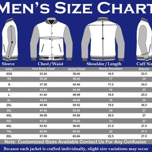 May include: A size chart for a varsity-style jacket on a blue background. It features illustrations of the jacket with measurement lines for sleeve, chest, waist, shoulder, length, and cuff size, alongside a table listing sizes from XXS to 8XL.