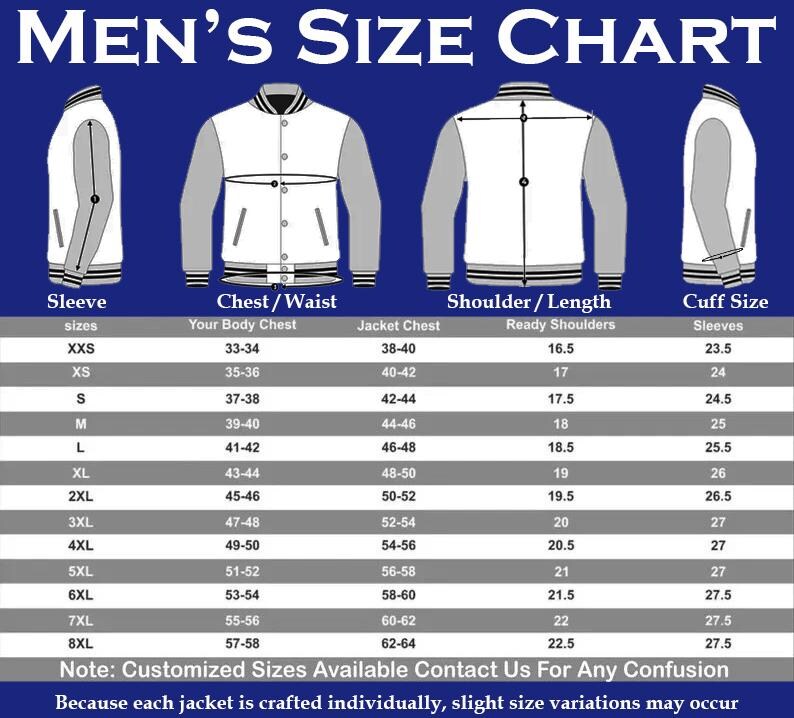 May include: A size chart for a varsity-style jacket on a blue background. It features illustrations of the jacket with measurement lines for sleeve, chest, waist, shoulder, length, and cuff size, alongside a table listing sizes from XXS to 8XL.