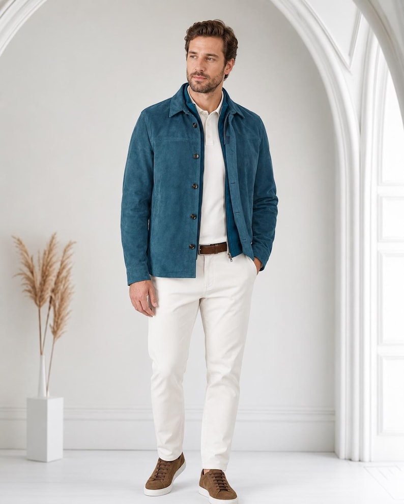 May include: A teal suede jacket with a pointed collar and dark buttons, worn over a white polo shirt and white trousers. The outfit includes a brown leather belt and brown suede sneakers, creating a coordinated look with clean lines and textures.