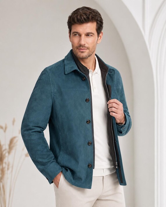 Men’s Teal Blue Suede Leather Jacket, Handmade Button-Front Overshirt, Smart Casual Coat for Him