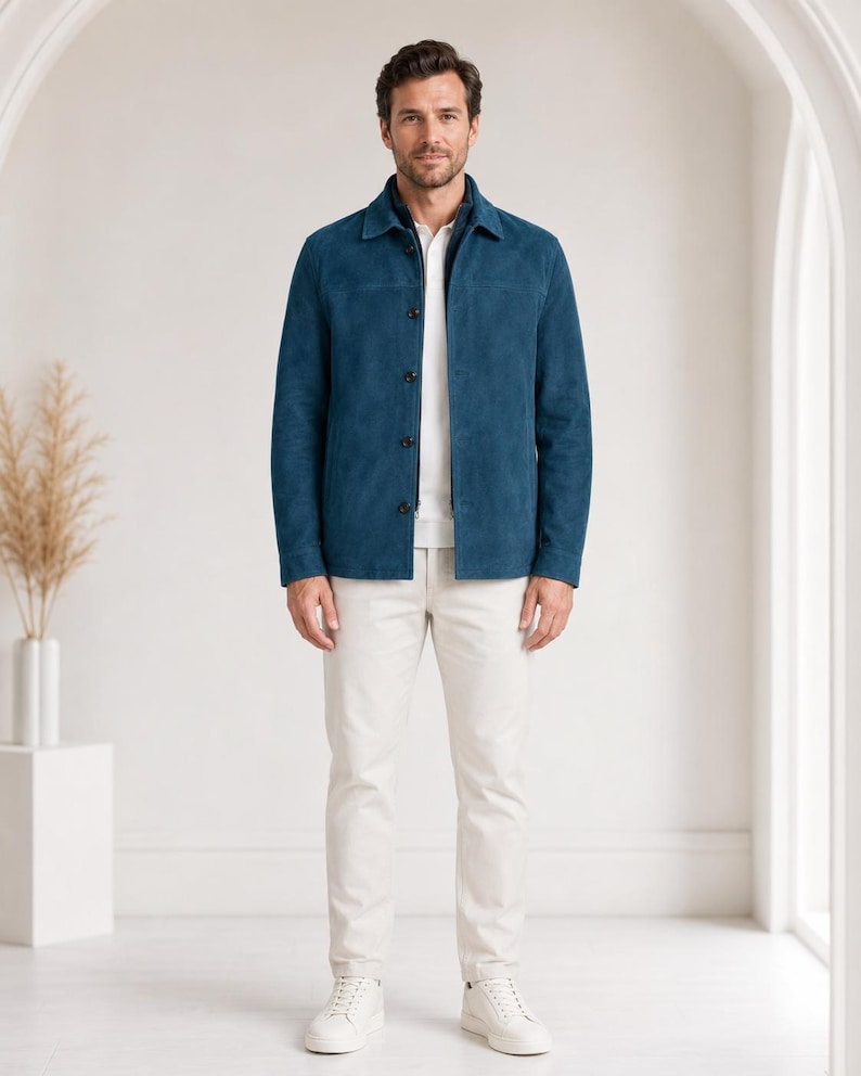May include: A teal suede jacket with a pointed collar and dark buttons, worn over a white collared shirt and a dark zip-up layer. The outfit is completed with off-white trousers and white sneakers, creating a layered look with a textured finish.