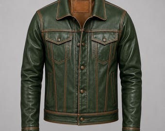 Men’s Green Genuine Goat Leather Trucker Jacket Vintage Biker Coat