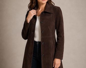 Women’s Brown Suede Leather Coat, Fitted Button Front Trench Jacket, Handmade Vintage Style