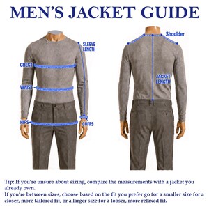 May include: A sizing guide for a jacket featuring a front and back view of a torso wearing a grey long-sleeve shirt and brown trousers. Blue measuring lines indicate points for sleeve length, chest, waist, hips, cuffs, shoulder, and jacket length.