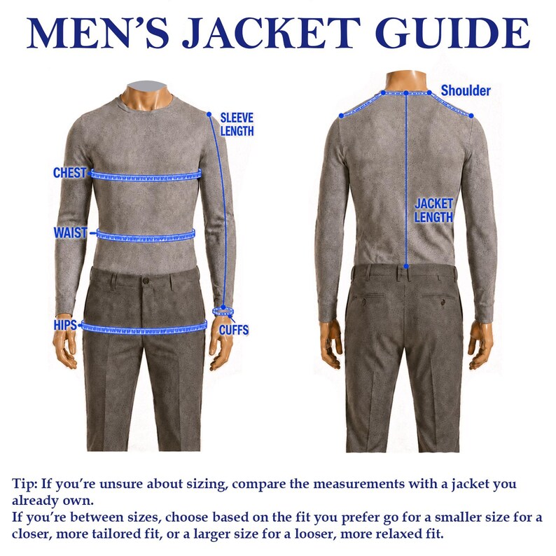May include: A sizing guide for a jacket featuring a front and back view of a torso wearing a grey long-sleeve shirt and brown trousers. Blue measuring lines indicate points for sleeve length, chest, waist, hips, cuffs, shoulder, and jacket length.