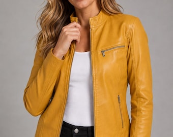 Women's Mustard Yellow Leather Jacket, Slim Fit Moto Cafe Racer, Custom Fit