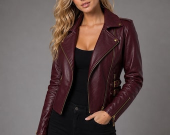 Burgundy Leather Biker Jacket, Genuine Leather Moto Coat, Custom Fit