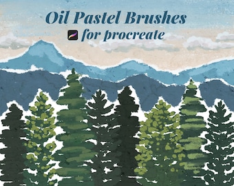 May include: A digital illustration featuring the text Oil Pastel Brushes for procreate with a Procreate icon. The artwork depicts a layered landscape with dark green pine trees in the foreground and blue mountain ranges against a pale sky.