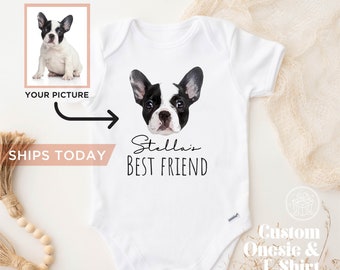 Custom Baby Bodysuit with Pet Portrait, Newborn Announcement, Dog-Themed Baby Shower Gift, My New Best Friend Sibling Bodysuit