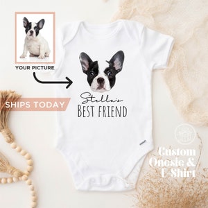 Custom Baby Bodysuit with Pet Portrait, Newborn Announcement, Dog-Themed Baby Shower Gift, My New Best Friend Sibling Bodysuit image 1