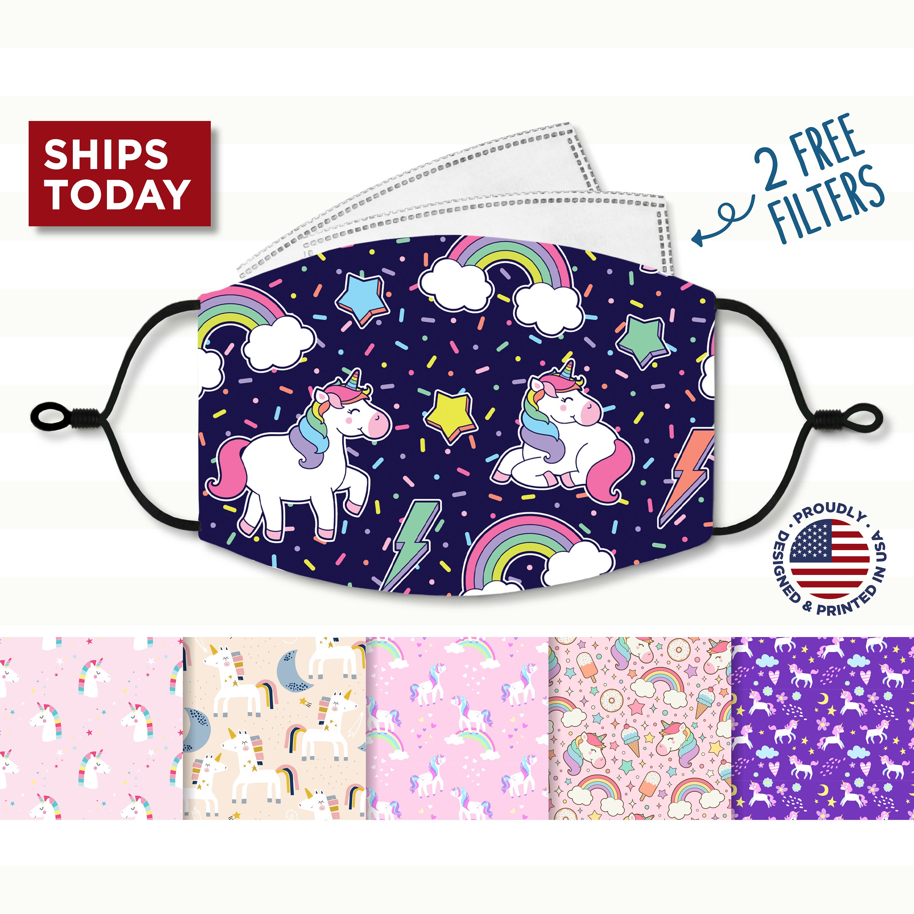Unicorn Face Mask, Reusable, Washable, 3 Layer, Cotton Mask, Nose Wir…