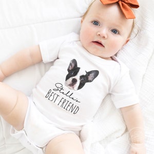 Custom Baby Bodysuit with Pet Portrait, Newborn Announcement, Dog-Themed Baby Shower Gift, My New Best Friend Sibling Bodysuit image 3