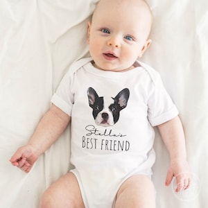 Custom Baby Bodysuit with Pet Portrait, Newborn Announcement, Dog-Themed Baby Shower Gift, My New Best Friend Sibling Bodysuit image 2