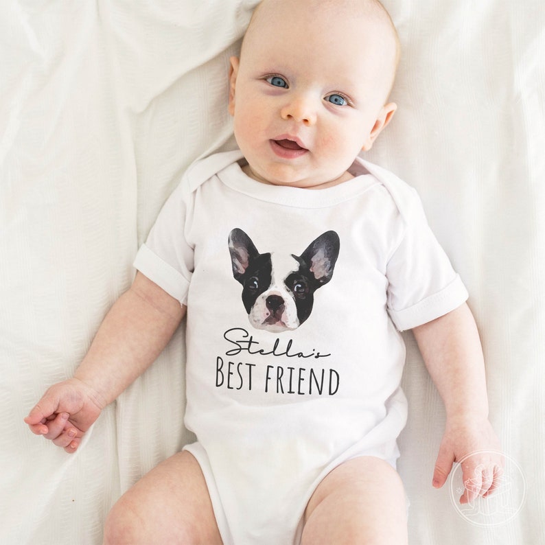 Custom Baby Bodysuit with Pet Portrait, Newborn Announcement, Dog-Themed Baby Shower Gift, My New Best Friend Sibling Bodysuit image 2