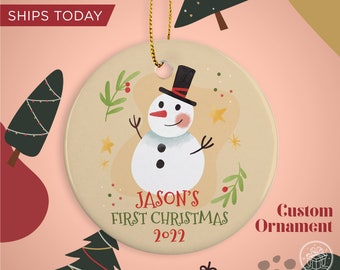Snowman First Christmas Ornament – Personalized Baby Name, Family Gift