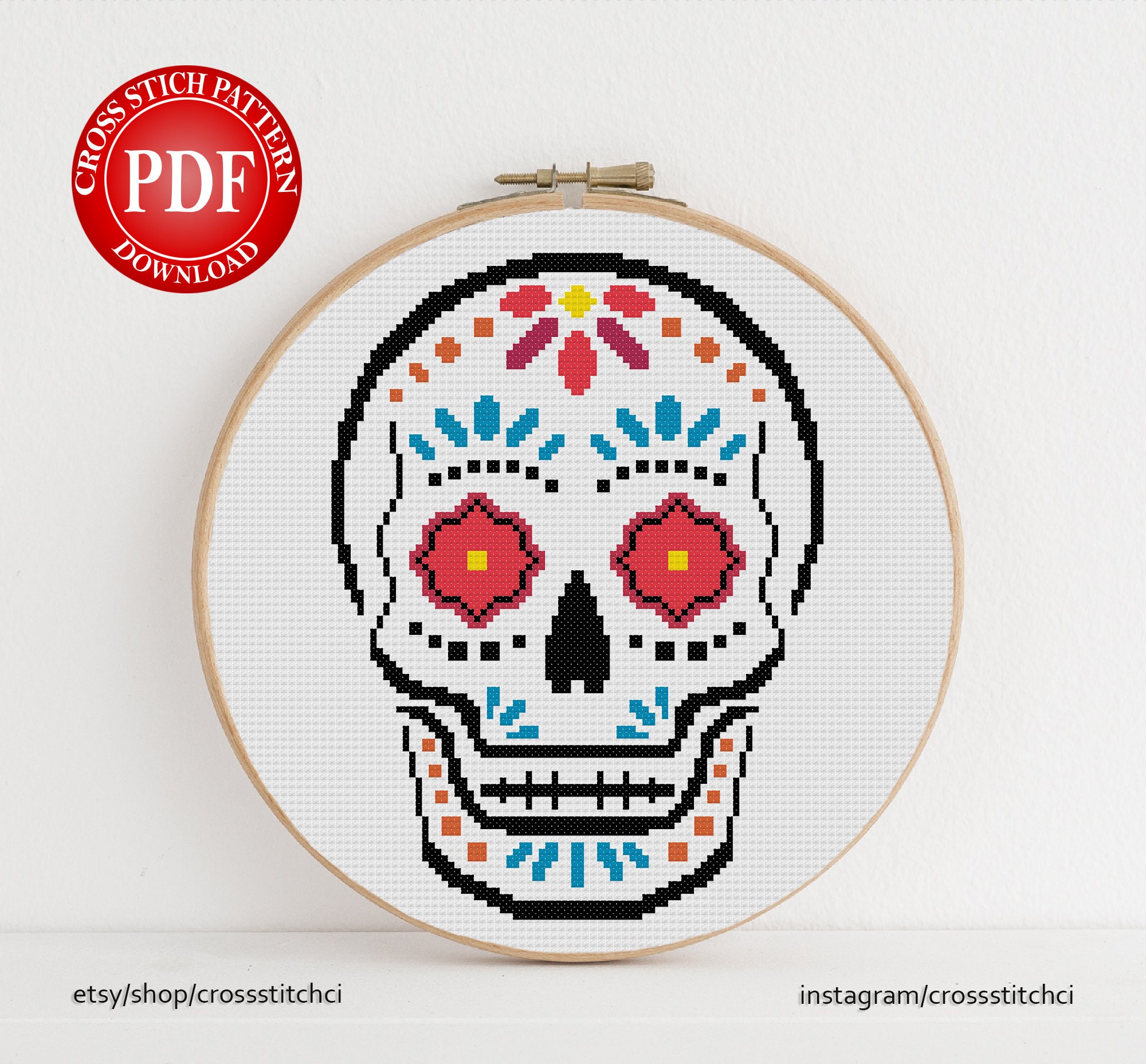 Sugar skull Halloween Girl cross stitch design pdf pattern for digital ...