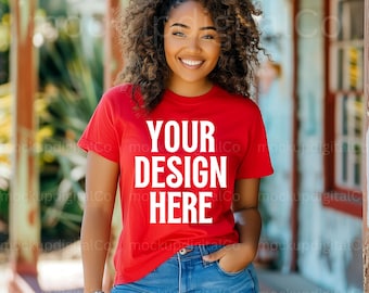 Maqueta de modelo negra Bella Canvas 3001 Maqueta de camiseta roja Maquetas afroamericanas Maqueta de camiseta femenina Estética de verano Camiseta Bella Canvas
