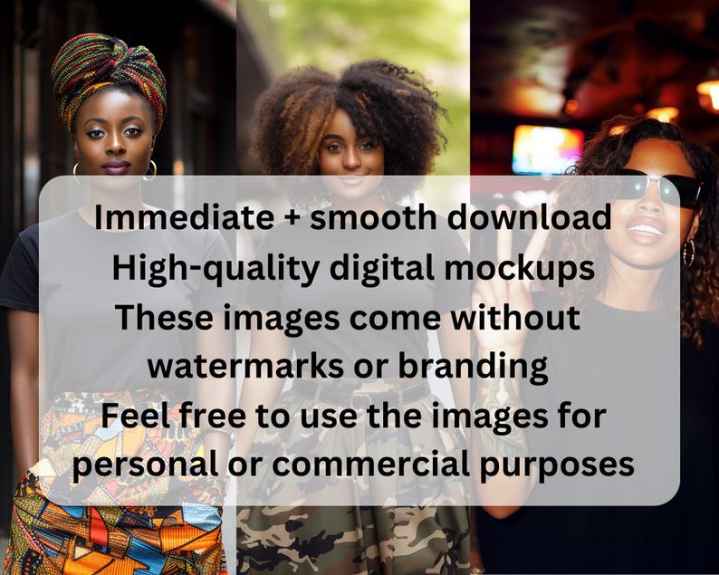 May include: Three women wearing different outfits stand in front of a text overlay that reads: "Immediate + smooth download High-quality digital mockups These images come without watermarks or branding Feel free to use the images for personal or commercial purposes"