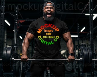 Gym Mockup Bella Canvas 3001 Black T-shirt Mockup | Fitness Lifestyle | Black Man Model Mockup | African American Male | Gym Workout Shirt