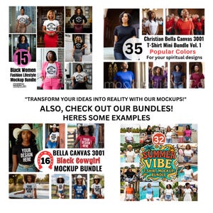 May include: A promotional image showcasing various t-shirt mockup bundles. The image includes examples of t-shirts with text, including "Your Design Here" and bundle names like "Black Women Fashion Lifestyle Mockup Bundle" and "Summer Vibe T-Shirt Mockup Bundle."