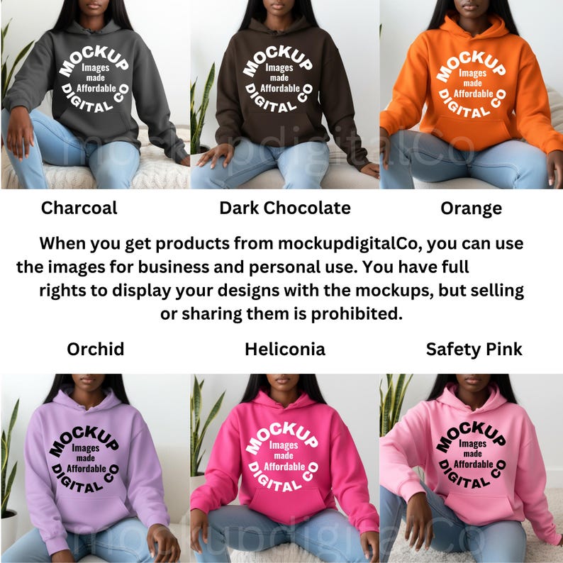 May include: A collection of six hooded sweatshirts in various colors: charcoal, dark chocolate, orange, orchid, heliconia, and safety pink. Each hoodie features a front pocket and a circular logo that says "MOCKUP Images made Affordable DIGITAL".