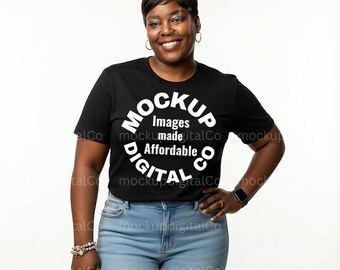 Bella Canvas 3001 Black Tshirt Mockup, BC3001 Black Shirt Mockup, Plus Size Black Model, Studio Mockup, Boho Minimal, Black T-shirt Mockup