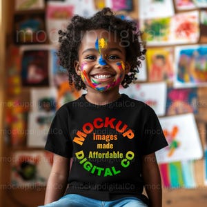 Little Black Boy Mockup Black Bella Canvas 3001T Child Mockup African American MockUp Black Model Mockup Child School Black Tshirt Mockup