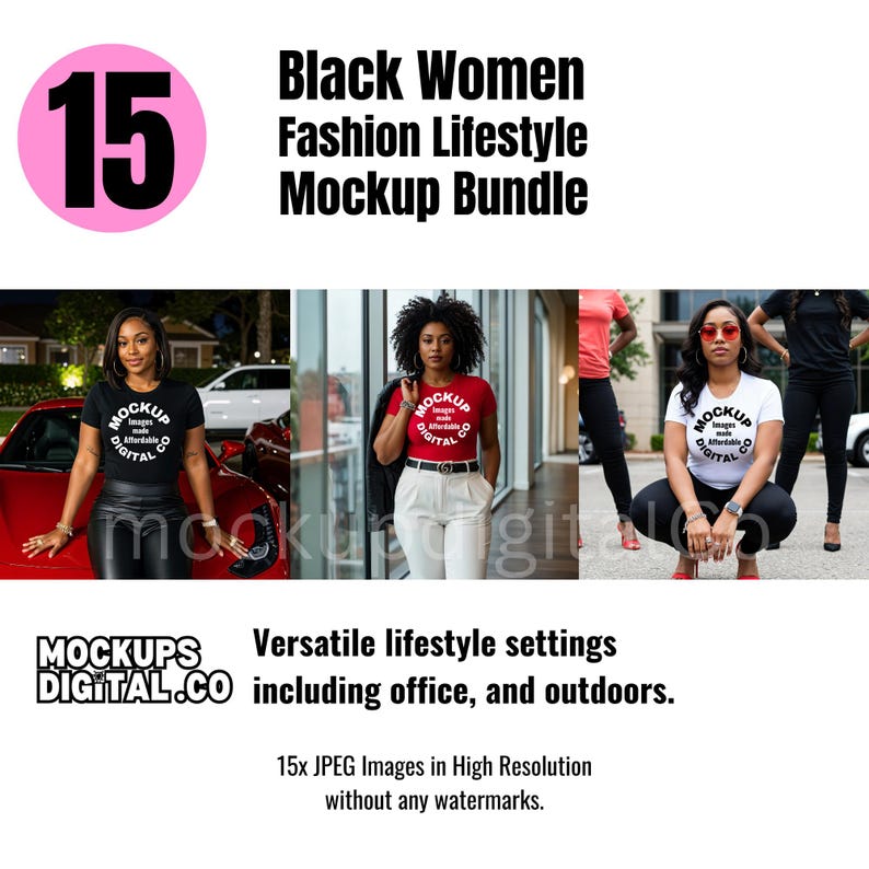 May include: A mockup bundle of 15 images featuring Black women wearing t-shirts in various lifestyle settings. The text "Mockups Digital.co" is displayed at the bottom of the image.