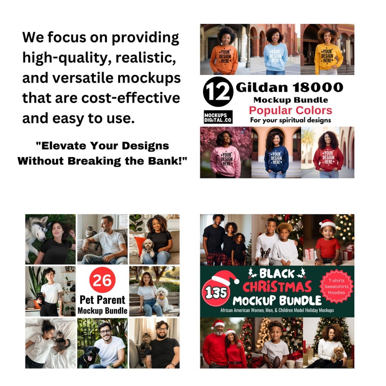 May include: Promotional image with text: "We focus on providing high-quality, realistic, and versatile mockups that are cost-effective and easy to use." The image displays mockup bundles for t-shirts, sweatshirts, and hoodies. Includes a "Black Christmas Mockup Bundle".