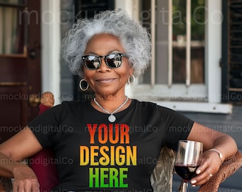 Black Model Mockup, Black Gildan 64000 Tshirt Mockup, Grandma Mockup, Senior Mockup, Older Women Mockup, African American Woman Mockup