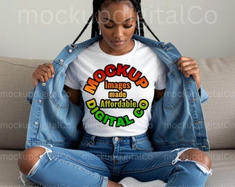 Bella Canvas T-shirt Mockup White 3001 Shirt Mockup African American Lifestyle Trendy Bella Canvas 3001 Black Model T-shirt Digital Mock up