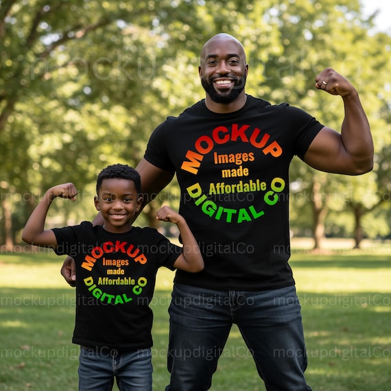 Father Day Mockup Bella Canvas 3001 Black Tshirt Mockup, 3001Y T-shirt Mock up, African American Daddy And Me Lifestyle Black Shirt Mockup