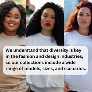 May include: A promotional image shows three models of different ethnicities. They are wearing neutral-toned tops. The image includes text: "We understand that diversity is key in the fashion and design industries, so our collections include a wide range of models, sizes, and scenarios."