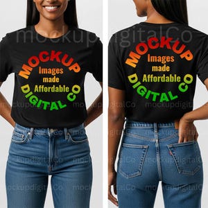 May include: Black t-shirt with a circular design on the front and back. The design includes the word "MOCKUP" in orange and red, "DIGITAL" in green, and the text "Images made Affordable" in yellow. The model is wearing blue jeans.