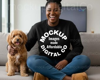 Gildan 18000 Black Sweatshirt Mockup, Dog Mom Mockup, Lifestyle Pet Mockup, Black Model, Gildan Crewneck Sweatshirt Mockup, Mockup With Dog