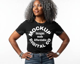 Bella Canvas 3001 Mockup di maglietta nera, BC3001 Mockup di camicia nera, modello nero, Mockup estetico in stile studio, Mockup di maglietta afroamericana