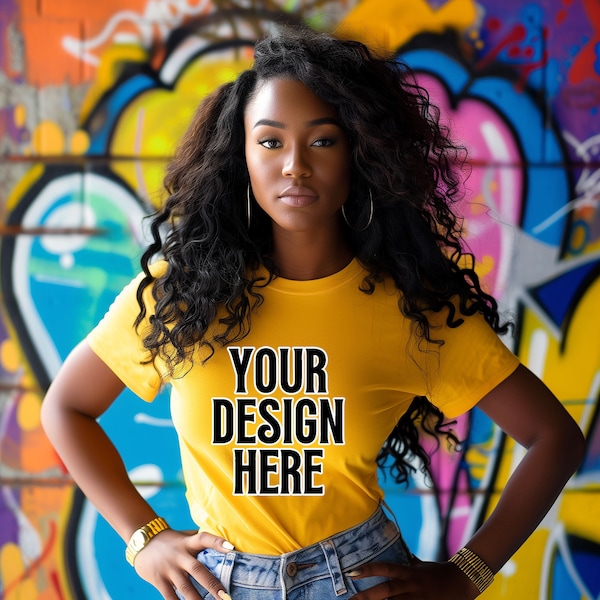 Black Model Mockup, Bella Canvas 3001 Gold Mockup, Yellow Gold T-Shirt MockUp, African American,  Black Woman Mockup, Aesthetic Mockup