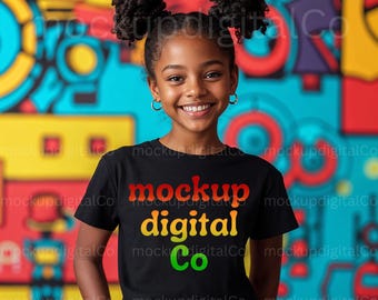 Maqueta de niña negra, maqueta de niño de lona Bella Canvas 3001 negra, maqueta de afroamericano, maqueta de modelo negra, maqueta de camiseta de estudio de niño