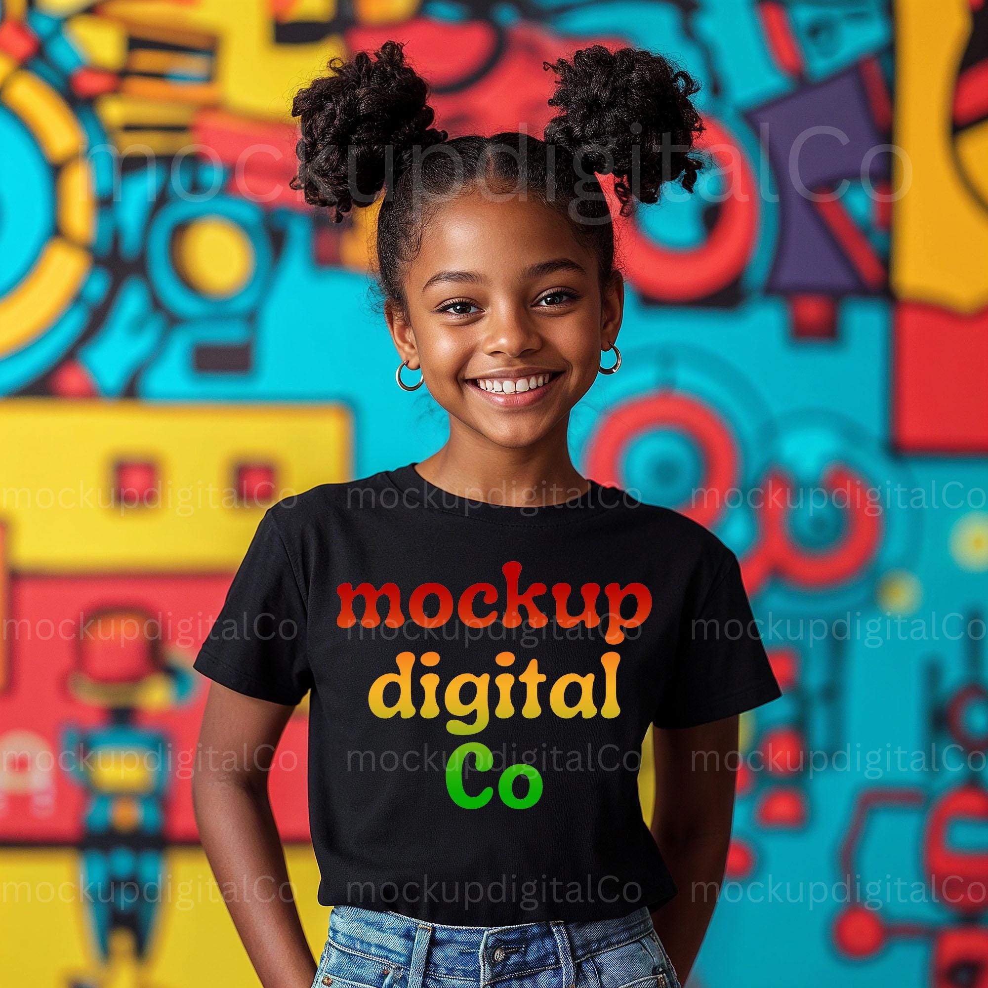 Maqueta de niña negra, maqueta de niño de lona Bella Canvas 3001 negra, maqueta de afroamericano, maqueta de modelo negra, maqueta de camiseta de estudio de niño