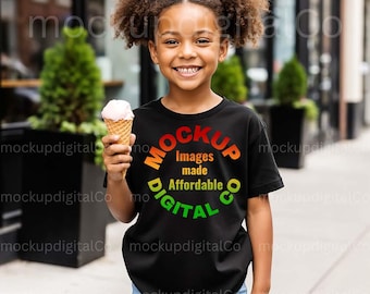 Bella Canvas 3001Y Schwarzes T-Shirt Mockup, schwarzes Mädchen Kind Modell, Jugend T-Shirt Mockup, Kinder T-Shirt Mockup, trendige Jugend Schwarz T-Shirt Mockup