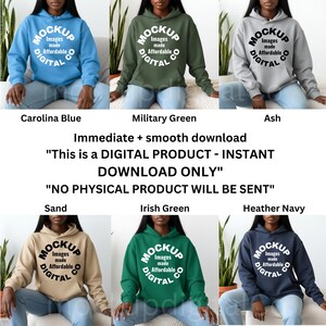 May include: A collection of six hooded sweatshirts in various colors: Carolina Blue, Military Green, Ash, Sand, Irish Green, and Heather Navy. Each sweatshirt features a white circular logo with the text "MOCKUP Images made Affordable DIGITAL Co.". The image includes text stating it is a digital product.