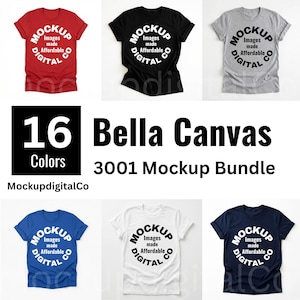 Può includere: Una collezione di t-shirt Bella Canvas 3001 in vari colori, tra cui rosso, nero, grigio, blu, bianco e blu navy. Ogni maglietta presenta una grafica circolare con il testo "MOCKUP Images made Affordable DIGITAL CO". L'immagine mostra anche "16 Colors" e "MockupdigitalCo".