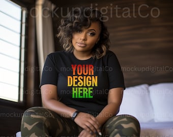 Bella Canvas 3001 T-shirt Mockup, Black Women Mockup, Black T-shirt Mockup Black Woman Mockup African American Mockup, Plus Size Mockup Camo