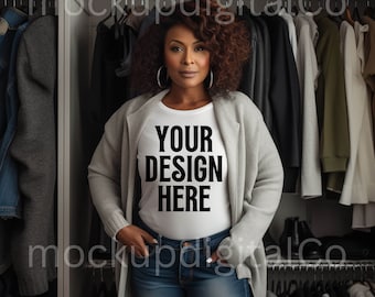 Black Model Mockup Bella Canvas 3001 Mockup Black Woman Mockup Curvy Model Mock Up African American Female Model White Tshirt Mockup
